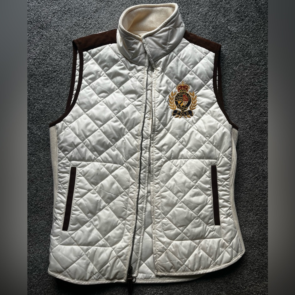 Ralph Lauren White Quilted Vest with Brown Suede Accents